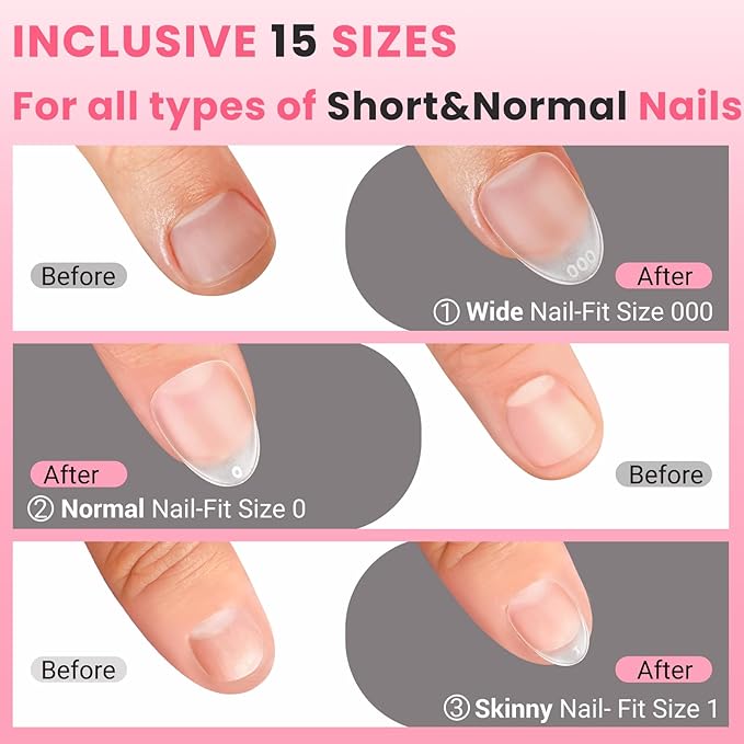 Extra Short Wide Fit Almond Nail Tips for Short Wider Nail Beds,SINOKAME Full Matte No File XS Almond Gel Press On Nails Clear,Paintable Fake Nails Durable 15 Sizes 300 Pcs