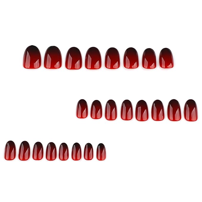 Burgundy Gradient Press On Nails Short Oval, Dark Red Fake Nails with Glossy Gel Finish, Fall Reusable Glue On Nails Kit for Women, Trendy Ombre Design False Nails Set, 24Pcs