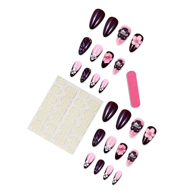 24Pcs Dark French Flower Press on Nails Almond Medium Fake Nails with 3D Pearl Charms Design French Nails Brown False Nails Full Cover Artificial Glue on Nails for Women DIY Manicure Daily Wear