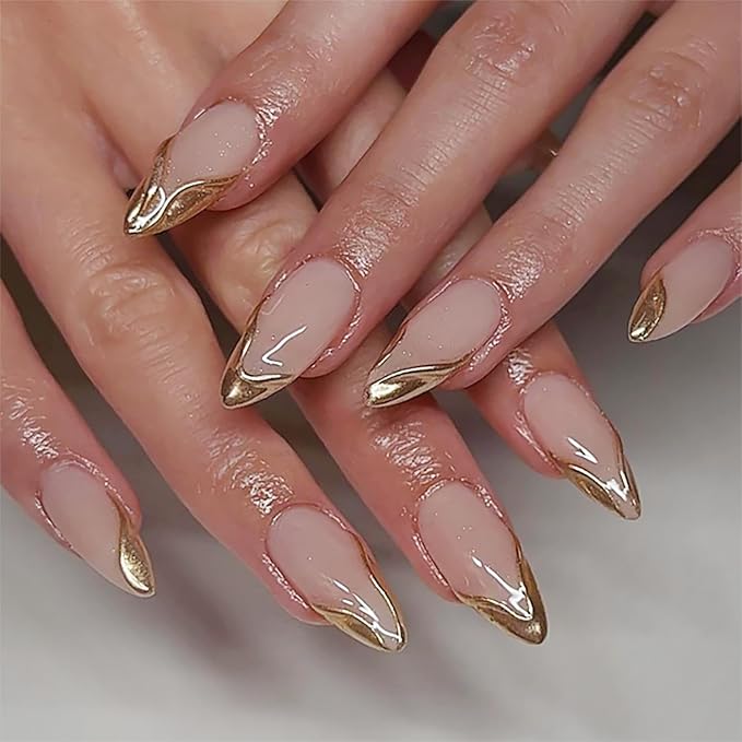 24Pcs Gold French Tip Press on Nails Almond Medium Fake Nails with 3D Irregular Gold Chrome Nail Tips Design Nude Acrylic False Nails Full Cover Glossy Glue on Nails for Women Girls Daily Wear