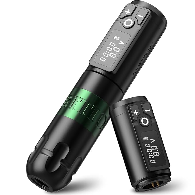 Ambition Soldier Rotary Battery Pen with Extra Battery Tattoo Cartridge Machine 2400mAh Wireless Power Japan Coreless Motor Digital LED Display Tattoo Equipment Supply for Professional Tattoo Artists