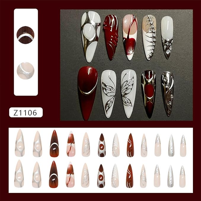 24Pcs Halloween Press on Nails Medium Almond French Tip Fake Nails with Silver Glitter Fishbone Design Red Full Cover Artificial Glue on Nails Gothic False Nails Butterfly Stick on Nail for Women DIY