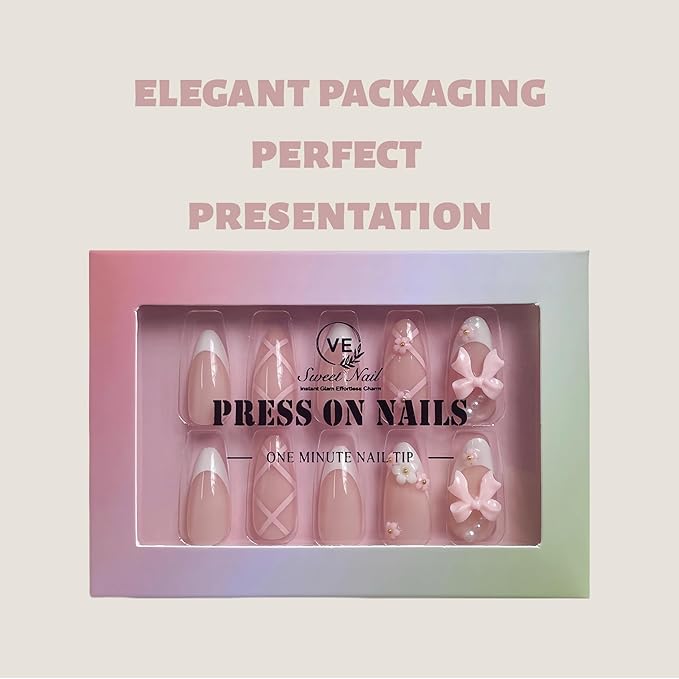 24PCS Blush Pink French Almond Press-On Nails – Medium Length Fake Nails with 3D Bow & Flower Design, Soft Back & Durable Tip, Reusable Stick-On Nail Tips with Glue & Tools for Women
