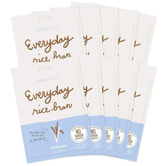 FACETORY K Beauty Face Mask Skin Care - Everyday RICE BRAN Soothing Sheet Mask | Plant-Based Rice Face Mask (10 Pack)