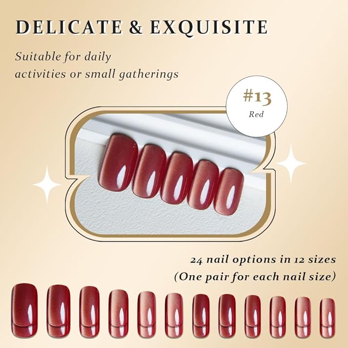 Cat Eye Red Press On Nails Medium Long Length Square, Designer Reusable Acrylic Fake Nail with Glue, Glossy Gel Nails Wedding Party, Stick On Glue On Nail, Nails Press Ons for Women