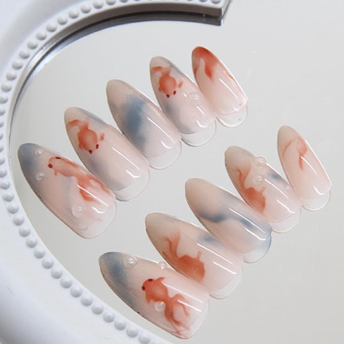 Hkanlre Fish Press on Nails Long Cute Fake Nails Tips Full Cover Almond False Blue Nails for Women and Girls 24PCS