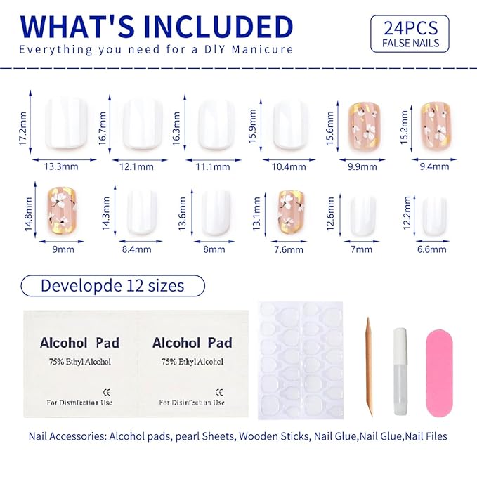 Fall Short Press on Nails Square, White and gold Fake Nails, Delicate Gold Foil Flower Designs, with a Few Nude Nails Featuring, Glossy Finish Acrylic Nails, Reusable Glue on Nails Kit