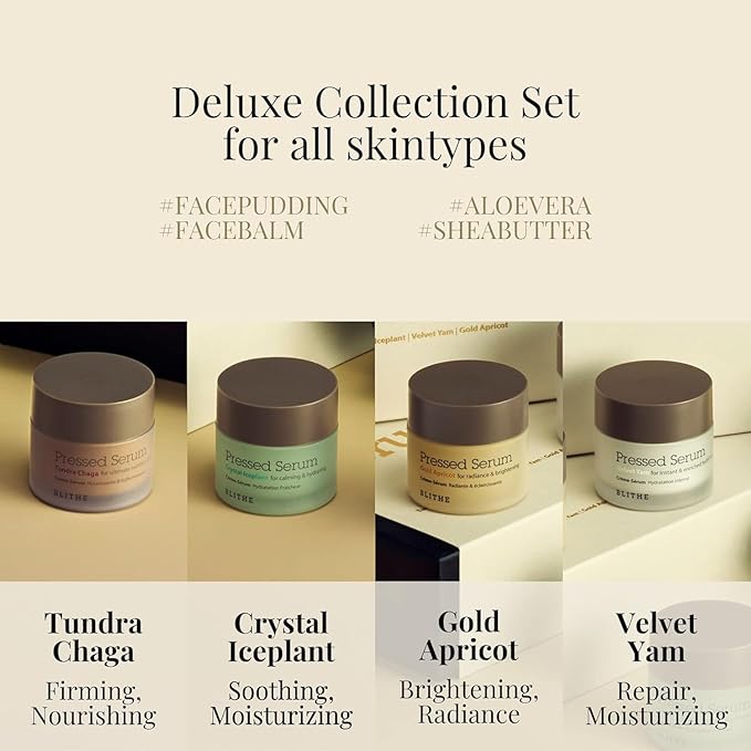 Blithe Pressed Serum Deluxe Collection Face Moisturizer - Hypoallergenic Facial Creams with Ingredients of Chaga Iceplant Yam & Apricot - Korean Beauty for All Seasons (Box Set 4pcs of 0.74 Fl Oz)