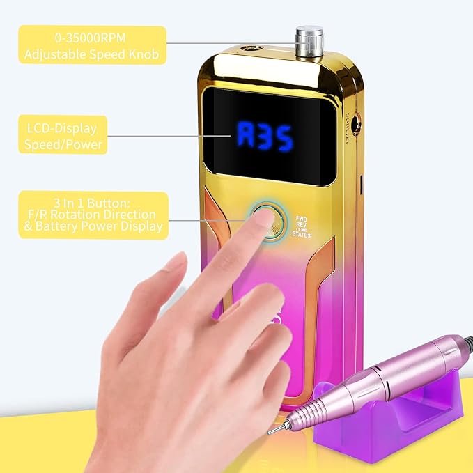 Portable Nail Drill Professional 35000 RPM, MOCOWIND Rechargeable Electric Nail File Machine for Acrylic Nails Gel Polishing, Cordless E-File with Bits Kit for Manicure Salon Home, Yellow & Purple