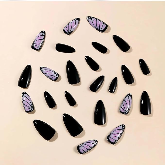 Black Press on Nails Pink Butterfly Wings Fake Nails Short Almond Glue on Nails Black Solid Color Glossy Full Cover Easy to Use Acrylic Stick on Nails For Daily and Party 24 Pcs