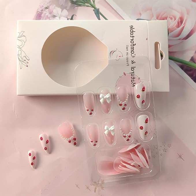 24Pcs French Tip Press on Nails Short Almond Fake Nails with Pearl Spring Glue on Nails Bow Charms False Nails Strawberry Acrylic Nails Cute Stick on Nails Fruit Full Cover Artificial Nails for Women