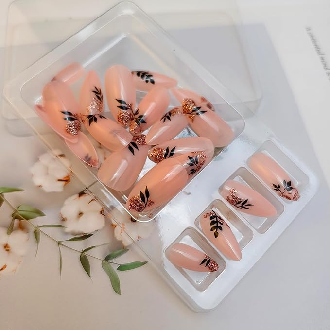 24Pcs Almond Press on Nails Medium Length Fake Nails Black Leaf with Designs False Nail Nude Pink Full Cover Fall Acrylic Nail Tips Glitter Cute Leaves Autumn Winter Stick on Nails for Women
