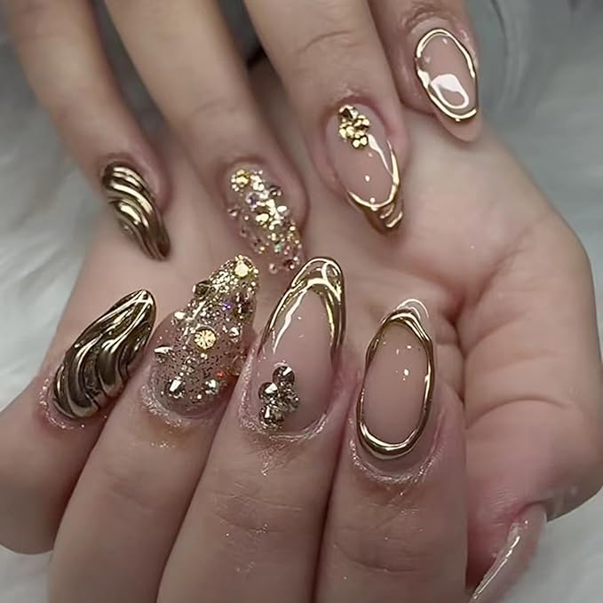 24Pcs Gold French Tip Press on Nails Medium Almond Fake Nails with Glitter Rhinestones Full Cover Acrylic Nails Gold Chrome Glue on Nails Almond Artificial False Nails French Stick on Nails for Women