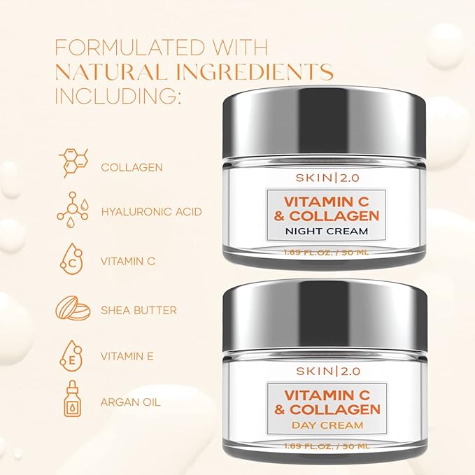 Vitamin C & Collagen Day & Night Face Moisturizer Cream - Dermatologist Tested, Brightening, Anti-Aging, Clean Beauty, Cruelty-Free Korean Skincare for All Skin Types - 1.69 oz (2-Pack)