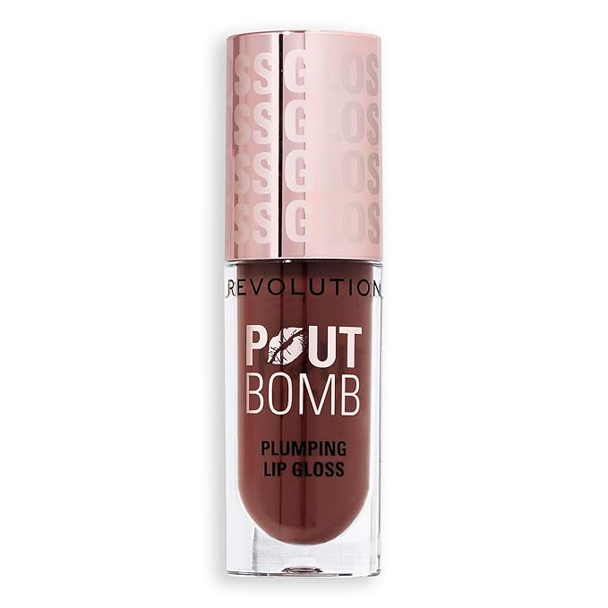 Revolution Beauty London, Pout Bomb Plumping Lip Gloss, High-Shine for Glossy, Fuller & Plump Lips with Hyaluronic Acid & Peptides, Vegan & Cruelty-Free, Espresso Cool Nude & Brown, 0.15 fl oz