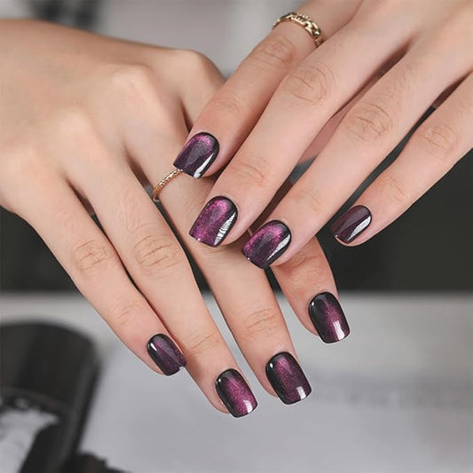 evpct Purple Cat Eye Press on Nails Extra Short Square, Petite Short Press on Glue on Nails for Women Gift, Dark Purple Holographic Glitter Glossy Reusable Stick on Gel Acrylic Fake Nail with Design
