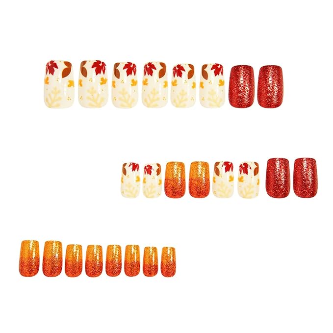24pcs Short Square Press on Nails Glitter Fall Fake Nails Red Autumn Maple Leaves Glue on Nails Full Cover Acrylic Stick on Nails for Women DIY Fall Maple Leaf Nail Art Manicure Decor