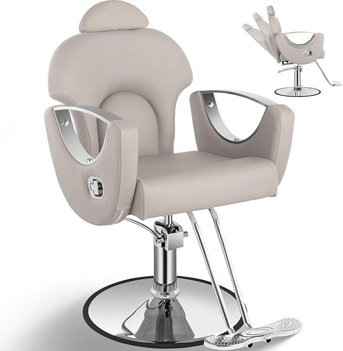 Reclining Salon Chair, Hydraulic Barber Styling Chair for Hair Stylist, 360 ° Swivel Hair Braiding Hairdresser Chairs, Height Adjustable Spa Beauty Equipment for Barbershop, Grey Silver