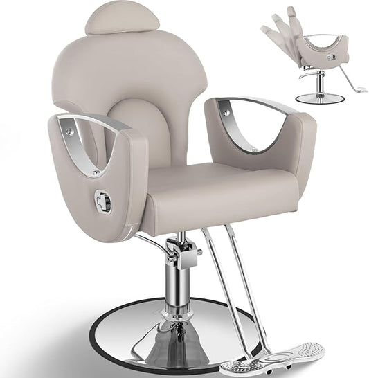 Reclining Salon Chair, Hydraulic Barber Styling Chair for Hair Stylist, 360 ° Swivel Hair Braiding Hairdresser Chairs, Height Adjustable Spa Beauty Equipment for Barbershop, Grey Silver