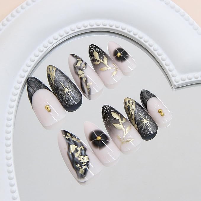 Medium Almond Press on Nails with Gold Foil and Marble Nude Black Grey Fake Nails Stick on Nail for Women 24pcs