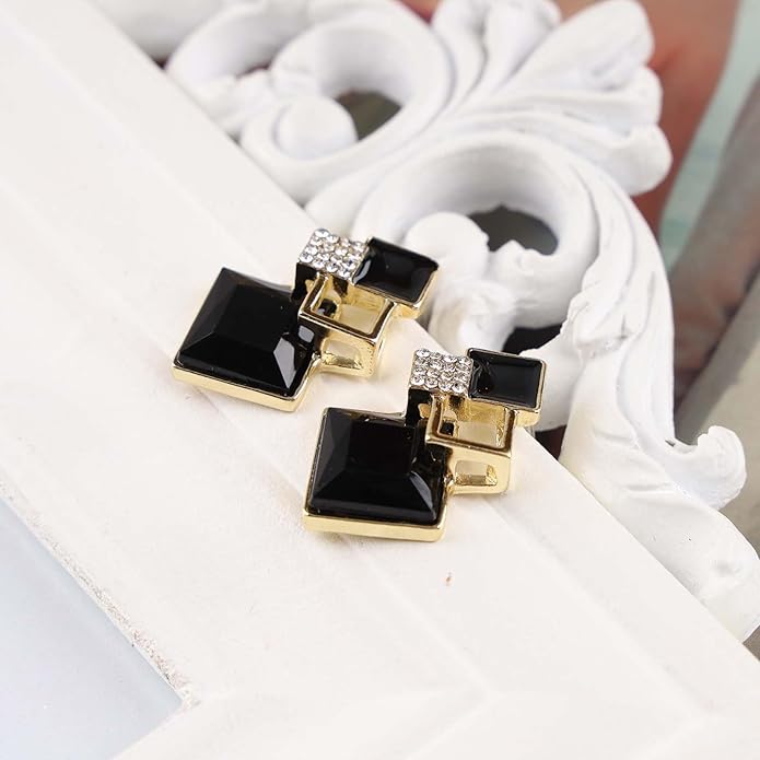 Vintage Crystal Square Drop Earrings Black Square Stud Earrings Gold Hollow Square Dangle Earrings Black Onyx Square Earrings Jewelry for Women