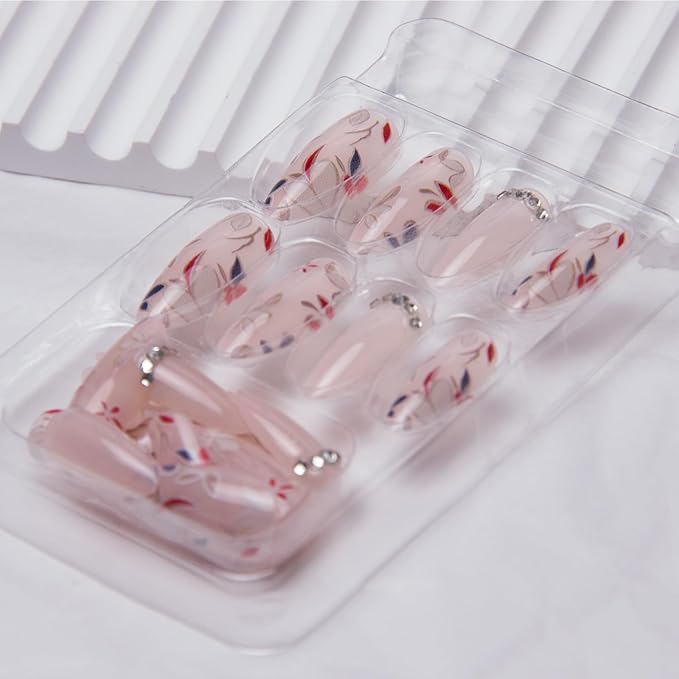 Almond Press on Nails Medium Flowers Fake Nails Glossy Nude False Nails with Floral Acrylic Nails Rhinestone Artificial Nails for Women Girls Nails Decoration 24Pcs