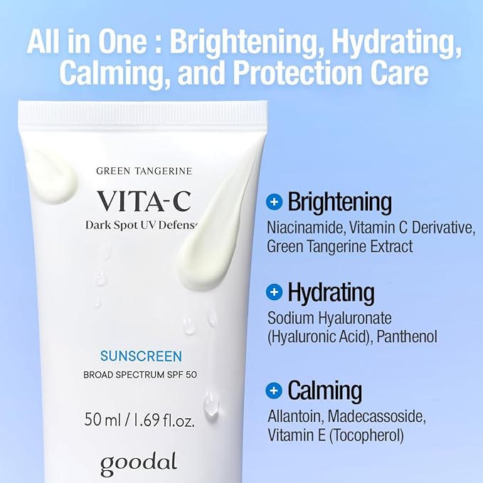 Goodal Green Tangerine Vita-C Dark Spot UV Defense Sunscreen SPF 50, Daily Skin Care Korean Sunscreen for Face, Broad spectrum, No White Cast (1.69 fl oz / 50ml)