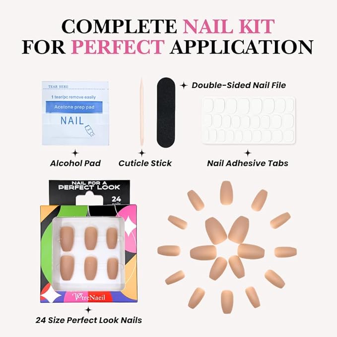Perfect Look Press On Nails - Bare Blush | No Glue One-Day Short Coffin Nails, Matte Nude Fake Nails with Natural Finish - 24 Pcs Nail Kit with Adhesive Tabs