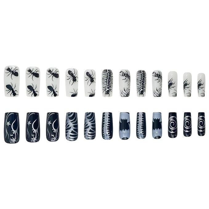 24Pcs Halloween Press on Nails Square Medium Fake Nails with Halloween Ant Centipede Spine Horror Style Pattern Design Black White False Nails Glue on Nails for Women DIY Manicure Halloween