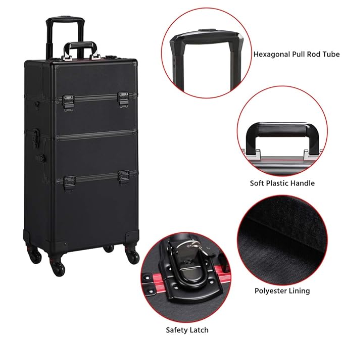 Yaheetech Makeup Train Case 3 in 1 Professional Cosmetic Trolley Multi-Functional Organizers Large Storage Traveling Cart Trunk for Nail Tech - Black