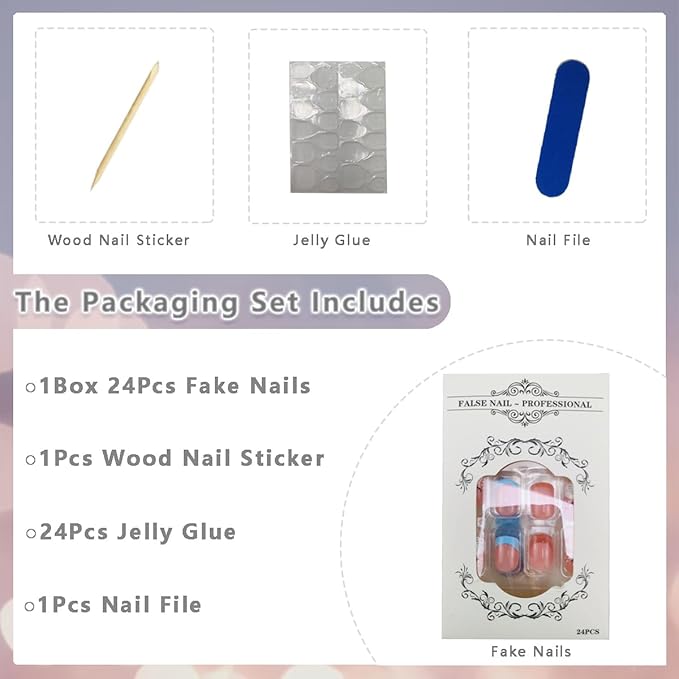 24Pcs Halloween French Tip Press on Nails Short Square Fake Nail Fall False Nail with Colorful Pumpkin Leaf Designs Blue Brown French Tip Nails Press ons Full Cover Glossy Glue on Nails for Women