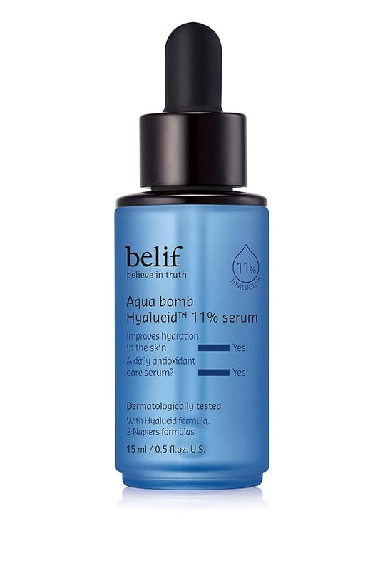 belif Aqua Bomb Hyalucid™ 11% Plumping Serum – Deep Hydration with 5 Types of Hyaluronic Acid, Aloe Vera & Moisture-Binders, Lightweight Skin Booster, Korean Skincare (0.5 fl.oz.)