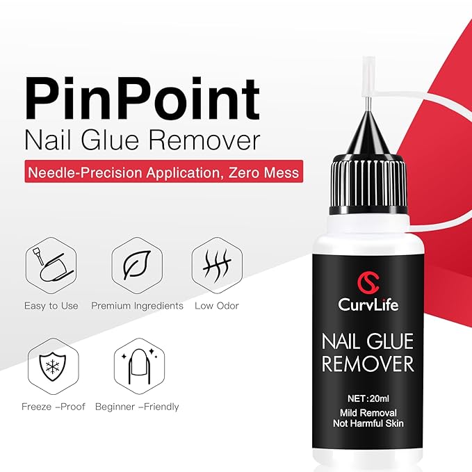 Curvlife 20ml（2pcs）Pinpoint Nail Glue Remover for Press on, Multi-Functional Remover for Nails Tips, Non-Acetone Nail Polish Remover, Gentle Glue Remover for Gel x Nails