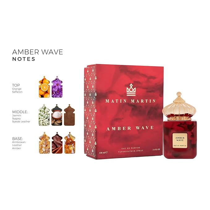 Matin Martin Amber Wave for Unisex - Arabian Perfume for Women & Men - Long Lasting Woody Fragrance with Notes of Leather, Orange, Saffron, Jasmine - Arabic Cologne - Travel Size - 3.4 oz EDP Spray