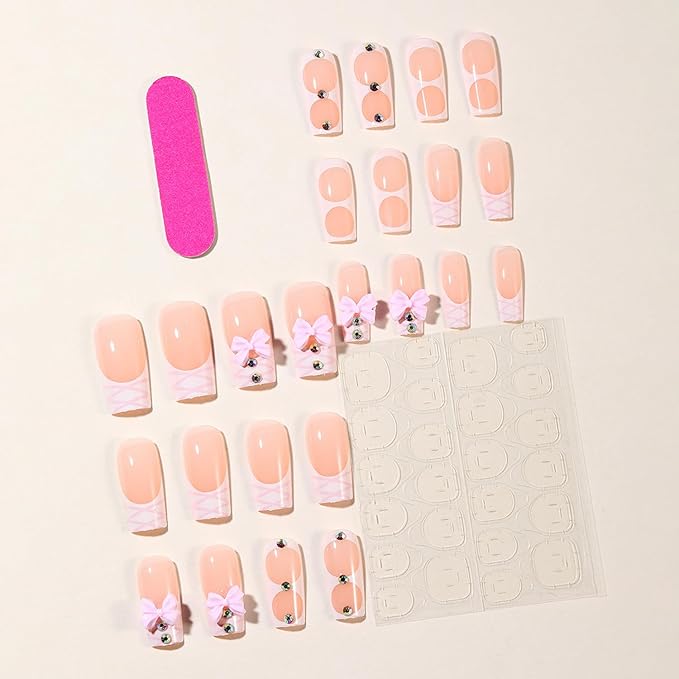 French Tip Press on Nails Fake Nails with French Sweet Pink Bow False Nails Medium Square Nail Cute Pink Press on French Nail Tips Artificial Nails Acrylic Stick on Nails for Women Manicure 24Pcs