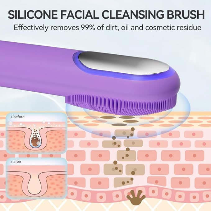 Facial Cleansing Brush, Silicone Face Scrubber, Electric Face Brushes for Cleansing with Vibration, Hot and Cold Modes, Face Scrub Brush for Women & Men Exfoliating and Massaging, Purple