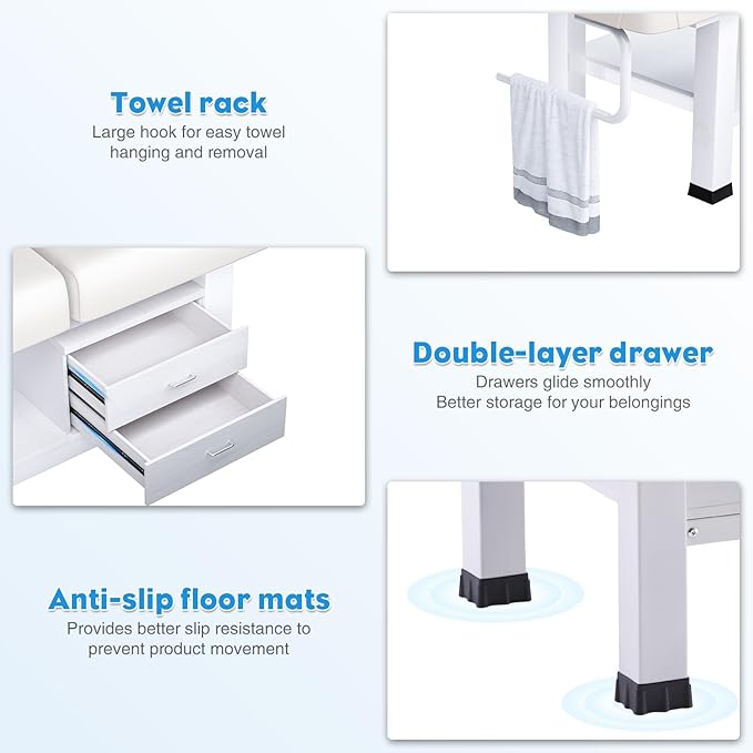 Massage Table with Towel Rack and Storage, 1500lbs Weight Capacity Iron Base Massage Bed Adjustable Backrest for Professional & Home Use, Spa Treatment Table for Relaxation and Therapy, Beige