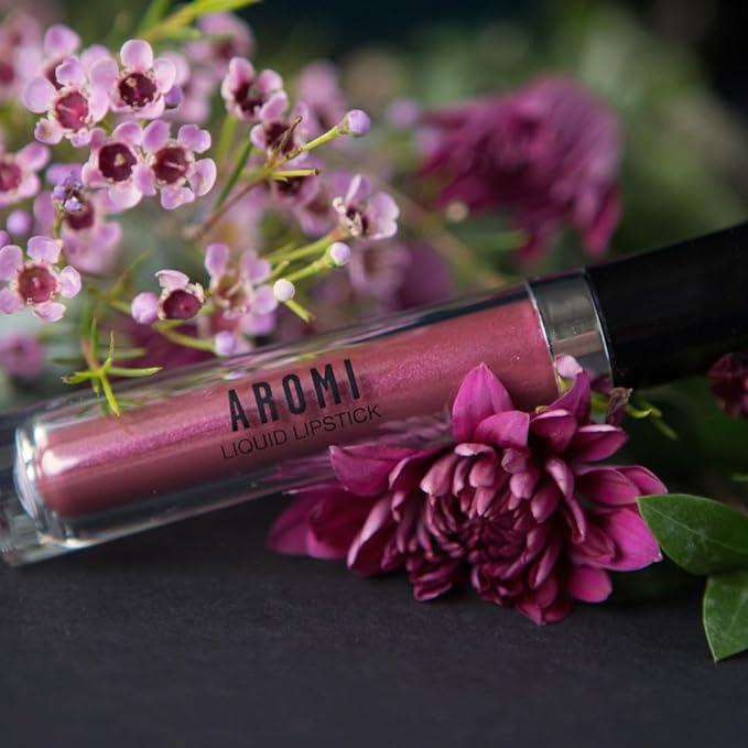 Aromi Metallic Liquid Lipstick | Chestnut Rose Lip Color with Shimmery Finish, Long-lasting + Long Wear, Mauve Shade, Waterproof, Vegan (Burgundy Quartz)