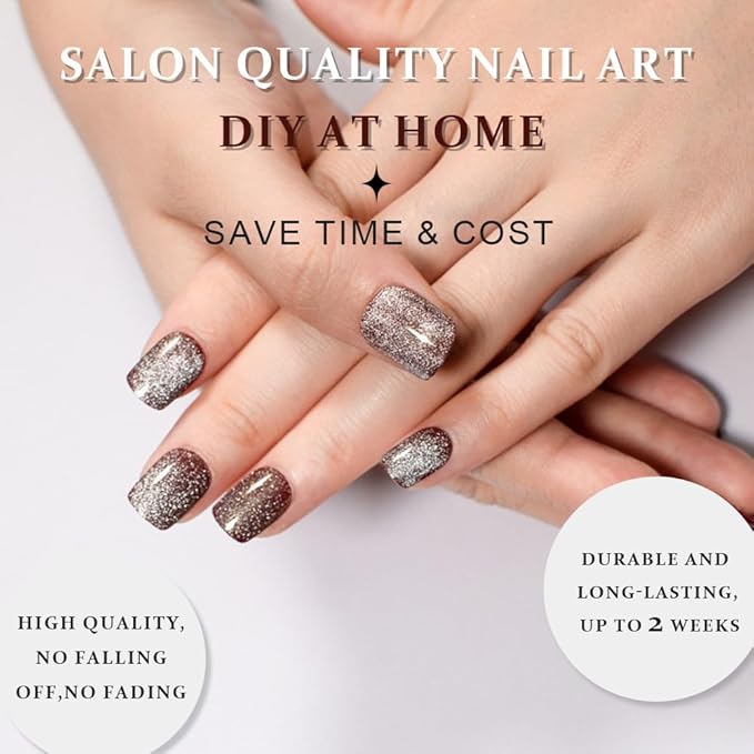 evpct Glitter Pearl Silver Cat Eye Press on Nails Square, Short Square Stick Glue on Nails for Women Gift, Glitter Metallic Shimmer Silver Reusable Gel Press on Acrylic Fake Nail with Designs