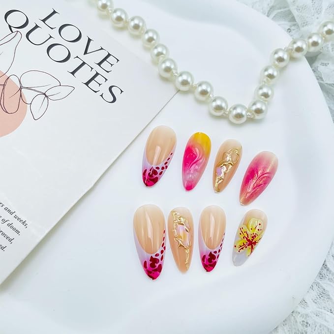 24Pcs French Tip Press on Nails Medium Almond Fake Nails with 3D Flower Designs Leopard Print Almond Nails Tips Acrylic Nails Full Cover Pink Glossy False Nails Glue on Nails for Women Nail Decoration