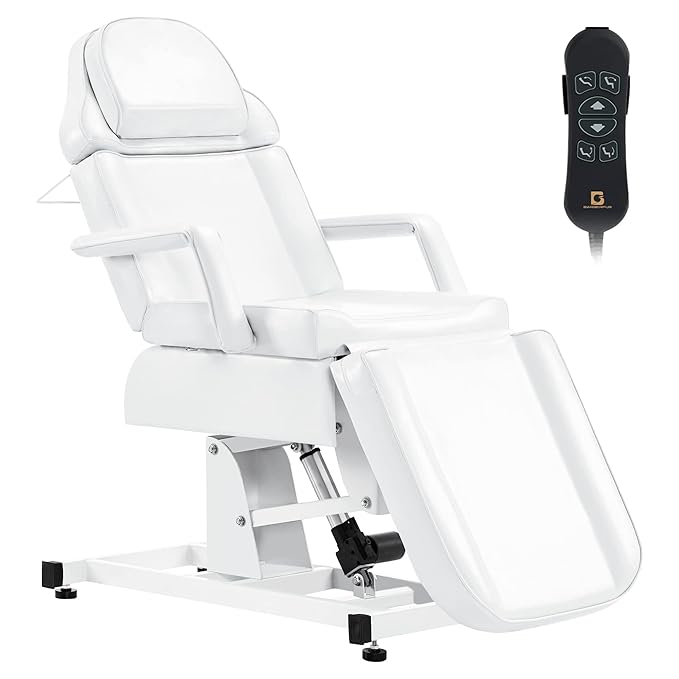 BarberPub Fully Electric Facial Bed with 3 Motor for Esthetician, Electric Tattoo Chair for Client, Facial Bed for Esthetician, Electric Adjustment 2751 (White, Height (Flat): 24"–33")