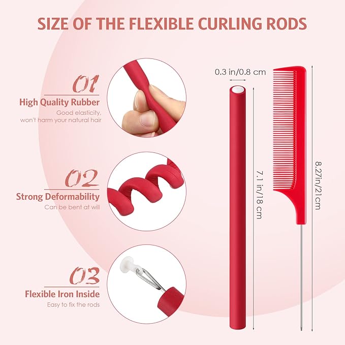 Syhood 30 Pcs 7'' Flexible Curling Rods Twist Foam Hair Rollers Soft Foam No Heat Hair Rods Rollers and 1 Steel Pintail Comb Rat Tail Comb for Women Long Short Hair(Red,7 x 0.3 Inch)