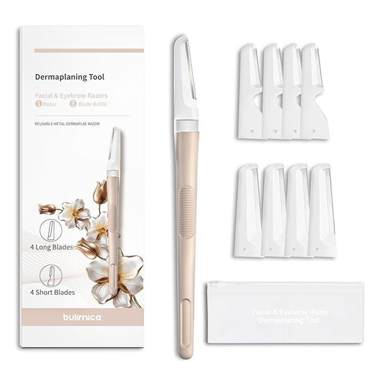Face Razors for Women, Dermaplane Razor for Women Face, Eyebrow Razor, Facial Razors, Dermaplaning Tool, Reusable Metal Handle with 8 Microblades for Sensitive Skin, Peach Fuzz Remover, Beige