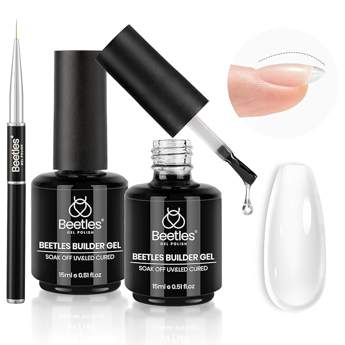 Beetles Builder Gel 2Pcs Clear 7 in 1 15ml Builder Gel Set for Nail Extension Building Nail Apex Strengthen Thin Nails DIY Salon at Home Nail Art Design for Women