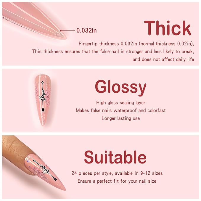 Yivaiks Pink Stiletto Press on Nails Extra Long Fake Nails With Designs Valentines Day Full Cover Artificial Nail Sharp Pointed Glue on Nails Acrylic Stick on False Nail Tips for Women