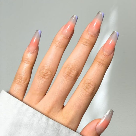 Perfect Look Press On Nails - Twilight Blush | No Glue One-Day Medium Coffin Nails, Peach Ombre with Purple French Edge - 24 Pcs Nail Kit with Adhesive Tabs