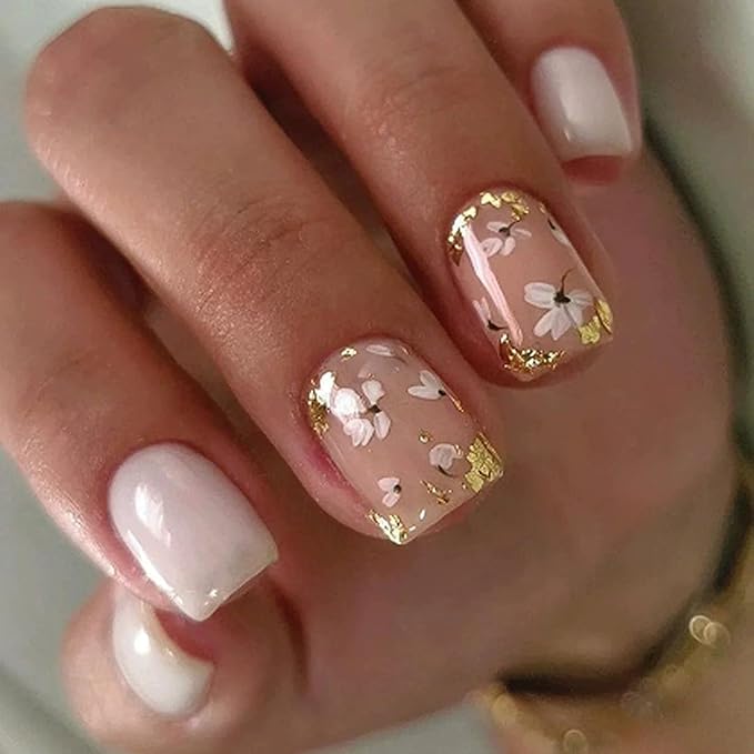 Summer Press on Nails Short Square, White Fake Nails with a Few Nude Nails Featuring Delicate Gold-Foil Flower Designs, Glossy Finish Acrylic Nails, Natural Reusable Glue on Nails Kit