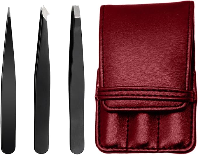 Professional Tweezers Set with Leather Case for Eyebrows, 3 Piece Black Precision Tweezers, Burgundy Storage Pouch