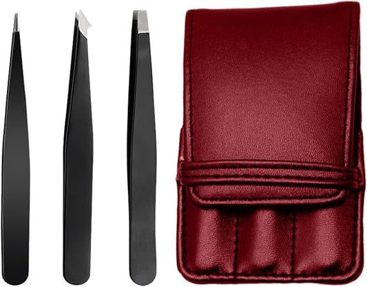 Professional Tweezers Set with Leather Case for Eyebrows, 3 Piece Black Precision Tweezers, Burgundy Storage Pouch