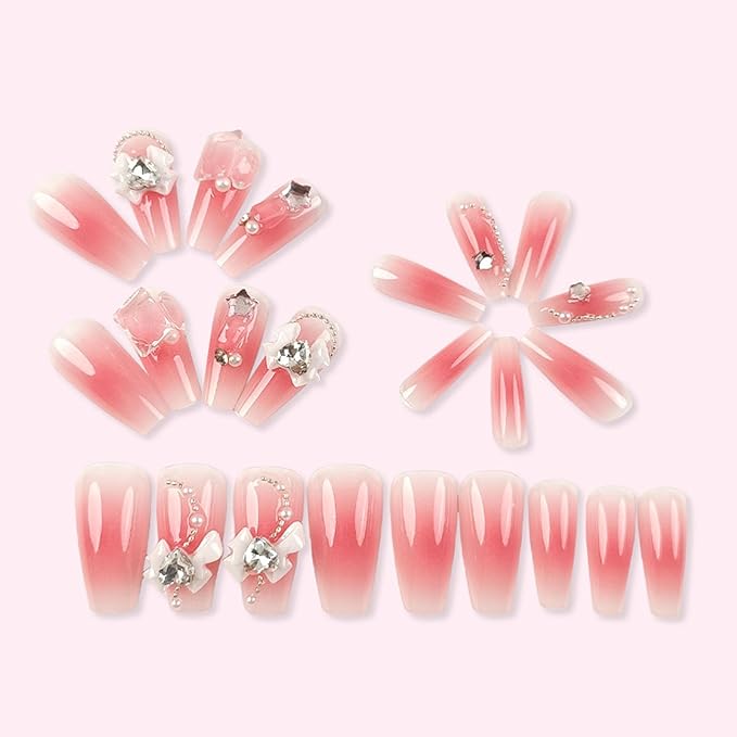 Coffin Press on Nails Decorate Fake Nails Medium Pink-Red Blooming Glue on Nails with Heart Gem Bow Designs Pearl Star Nail Press ons 5D Glossy Acrylic Stick on Nails for Women 24Pcs
